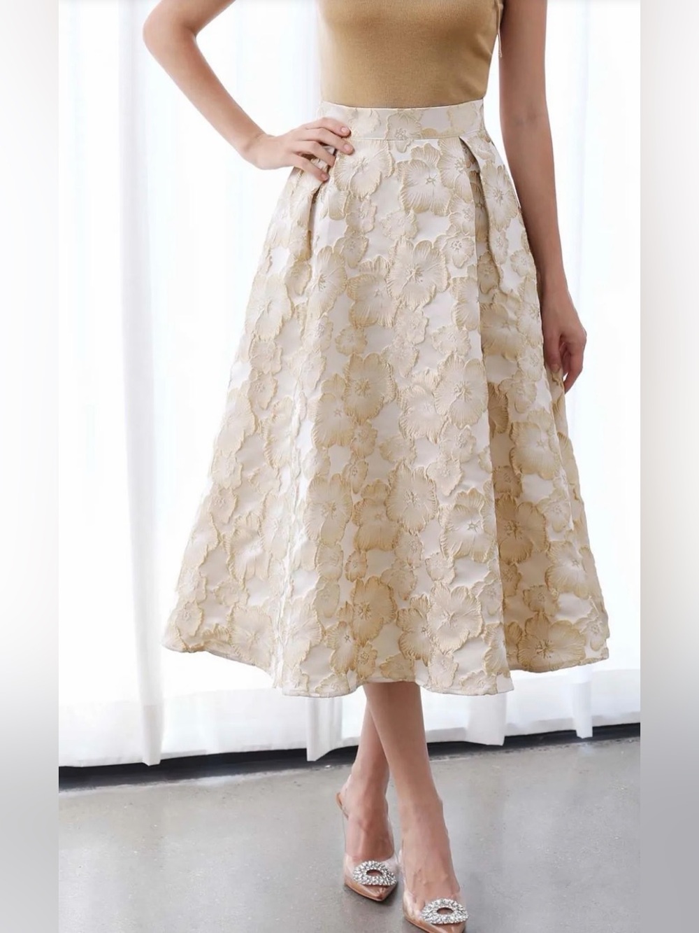 THRIVING GOLDEN BLOSSOM EMBOSSED JACQUARD MIDI SKIRT